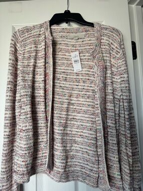 LOFT Cream Multicolor Speckled Open-Front Cardigan
